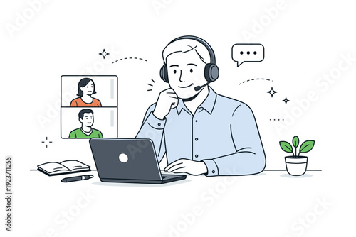 Leading remotely with presence. A manager listening thoughtfully during an online meeting, small nods and relaxed gestures visible. Calm authority