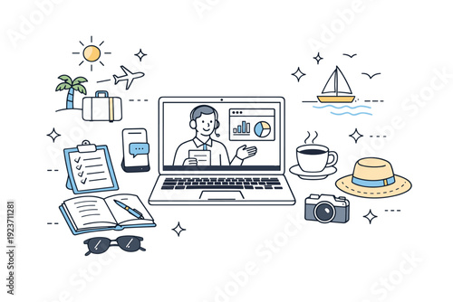 Remote consulting during summer travel. Desk-like setup on the go with laptop, notes, and subtle travel symbols arranged neatly. Organized consulting workflow