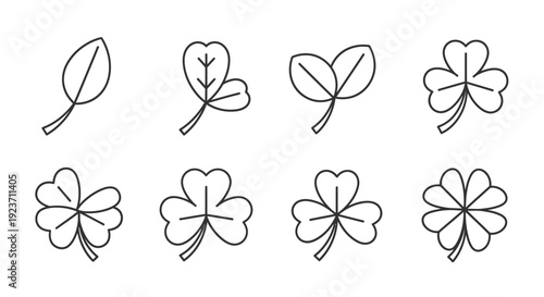 Collection of minimalist clover and leaf illustrations in various forms and shapes, showcasing different stages of growth and design elements, presented in a clean and simple vector style.