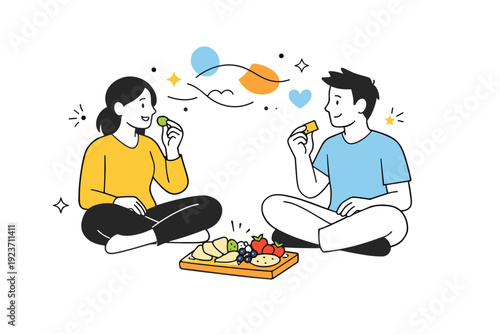 Shared mindful snacking. Two people sitting on the floor with a small tray of fresh fruit, cheese, and crackers, abstract floating shapes and stars showing