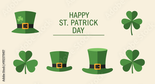 Celebrating St. Patrick's Day with green hats and shamrocks in a festive illustration from a top-down viewpoint.