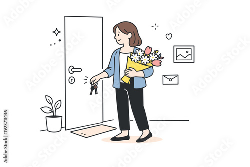 Women returning home with flowers. A woman stands briefly at the doorstep with flowers in hand, keys visible, pausing before entering.