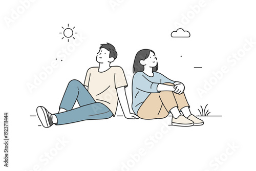 Hanging out without activity. Two people lean against a wall or sit side by side, gazing into space with relaxed postures, emphasizing