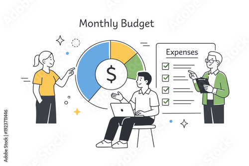 Monthly budget overview scene. Simple characters discussing expenses around a large pie chart and checklist, representing teamwork and transparency