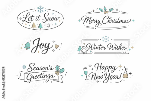 Winter holiday typography accents. Simple festive words and lettering frames combined with small winter icons and decorative shapes. The mood