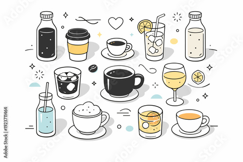 Coffee and drinks flat lay. Cups, glasses, and bottles arranged symmetrically with subtle shadows and abstract shapes. Modern cafe-inspired background with