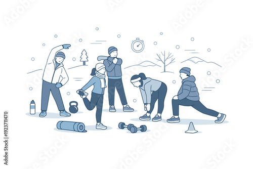 Winter morning bootcamp session. A group stretching and warming up together in a snowy open space. Preparation, care, and mindful movement in cold conditions.