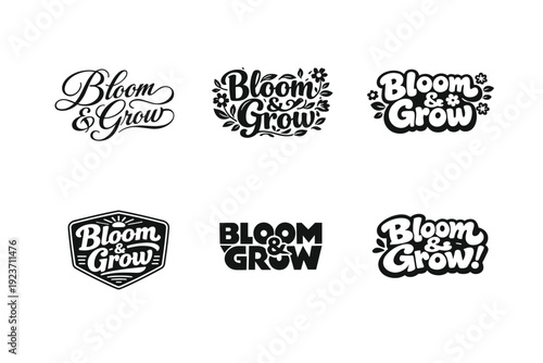 Bloom & Grow. Set lettering. harmonious lettering variations of the same emblematic concept, each with different artistic interpretation (Elegant script with