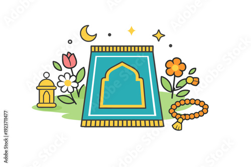 Eid al-Fitr spring celebration showing a prayer mat with floral accents and gentle sparkles, symbolizing reflection, gratitude, and the freshness of a new