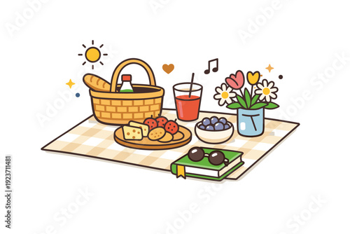 Spring weekend vibes light picnic inspired composition with blanket, snacks and flowers, capturing rest, enjoyment and simple seasonal pleasures. Minimalist