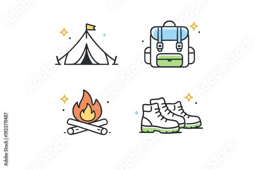 Camping and hiking icons. A clean set of minimal outline icons including a tent, backpack, campfire, and hiking boots. Simple outdoor symbols, clarity and