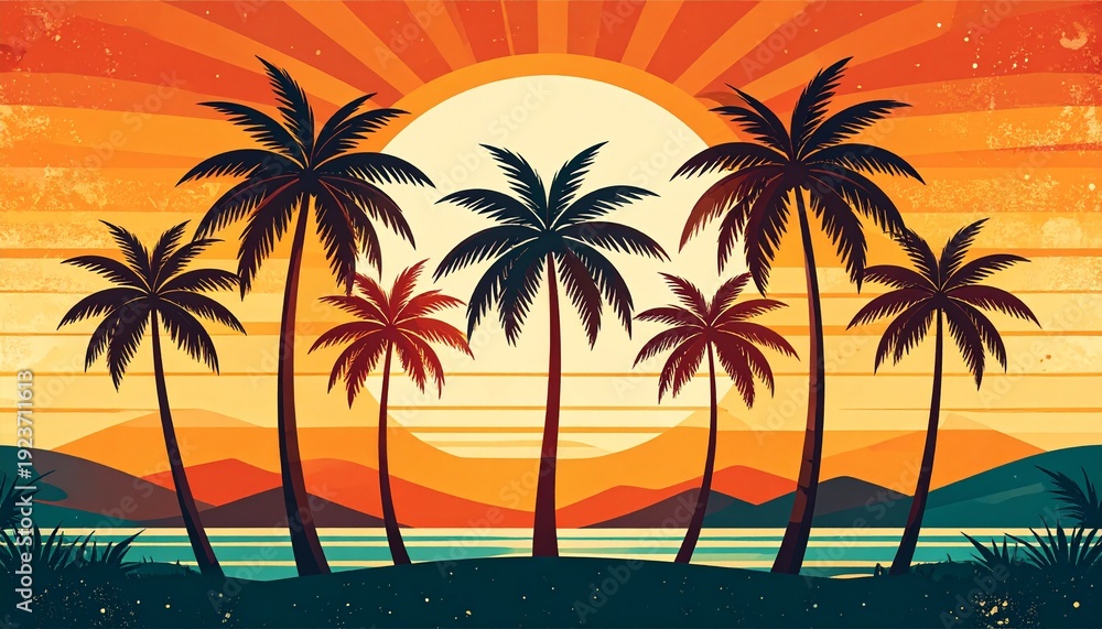 Fototapeta premium Vibrant tropical sunset with palm trees over serene ocean