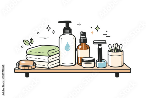 Reusable product lifestyle scenes. Bathroom shelf with reusable items like safety razor, refillable bottles, and cloth towels, arranged cleanly.