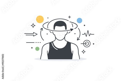 Athlete focus before competition ? Abstract pre-competition focus concept. Simplified athlete figure with symbolic lines, circles, and arrows around the head