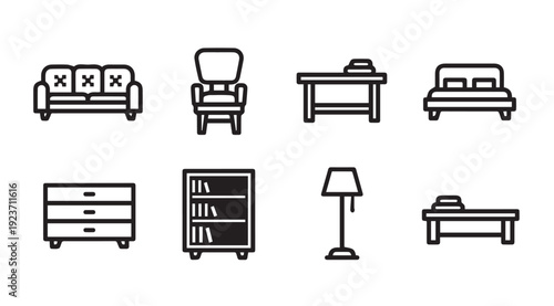 Set of Furniture Icons: Sofa, Chair, Table, Bed, Dresser, Bookshelf, Lamp