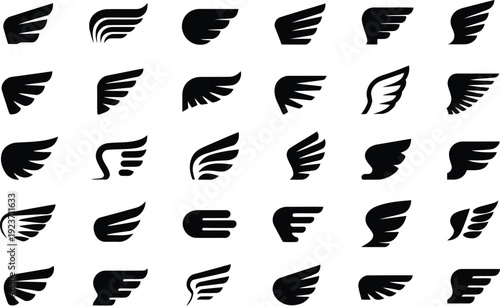 A compilation of sleek black graphic wing illustrations presented as simple icons on a plain white surface