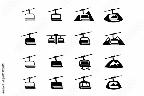 Skiing. Icon set. Set Logo of Skiing: Ski lift. harmonious logo variations of the same emblematic concept (Minimal outline, Filled silhouette, Abstract