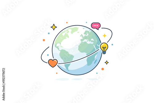 Globe global awareness expressed through a simple world sphere with subtle continents and small orbiting icons, conveying connection, shared responsibility,
