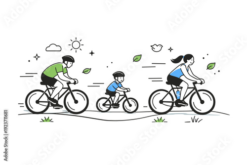 Cycling outdoors. People riding bicycles along a path, subtle motion lines and leaf icons floating, energetic and healthy atmosphere. Minimalist flat vector