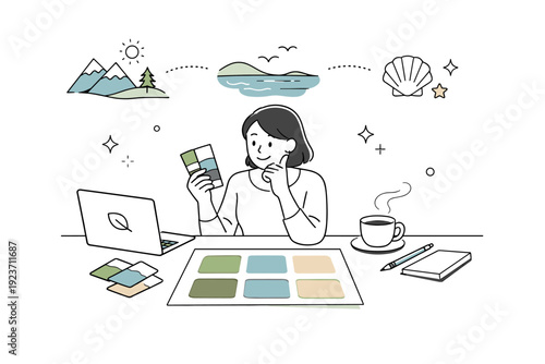 Nature-based palette selection. A designer reviewing muted greens, blues, and sandy hues inspired by landscapes and water. Focused creative process with gentle