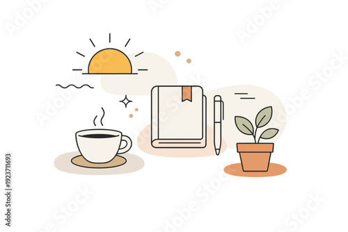 Mindful Morning Icons. Mindful morning routine abstract. An abstract editorial composition symbolizing a screen-free morning using icons like sun, cup,