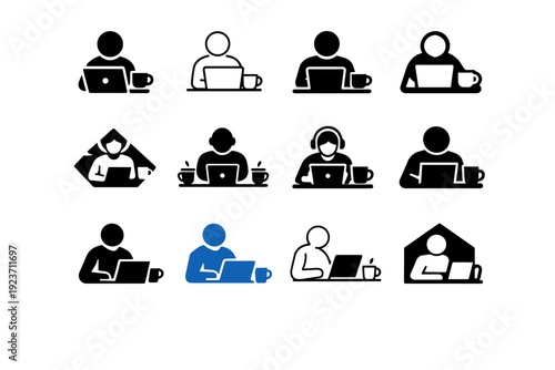 People working on laptops in office or home settings. Icon set. Set Logo of People working on laptops in office or home settings: freelancer with laptop and