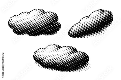 Old style dot effect noise panel, a single irregular dot noise object displayed in flat front view, angled side view, and three-quarter perspective view as a