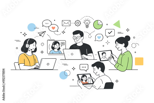 Virtual business meeting. Colleagues joining a video call on laptops and tablets, abstract floating shapes and small icons highlighting communication and