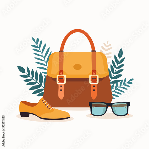 Stylish Accessories Collection Handbag Shoe and Glasses with Green Leaves.