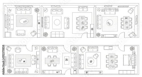 Detailed architectural floor plan showcasing interior design layouts and room arrangements.