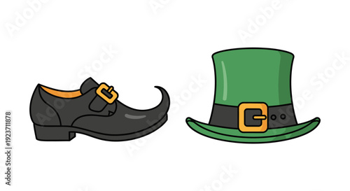Leprechaun's hat and shoe illustration on St. Patrick's Day, depicted in a graphic design, viewed from the side