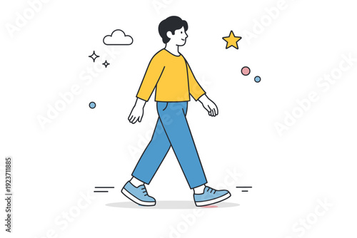 Calmer walking pace. A person walking slowly with relaxed posture and natural arm movement. Unhurried rhythm, quiet awareness, soft everyday motion. Minimalist