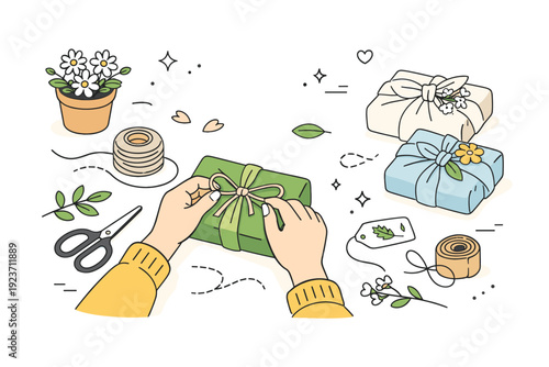 Spring holiday eco-gift wrapping. A calm scene of a person wrapping seasonal gifts using fabric, twine, and natural elements like flowers and leaves. The mood