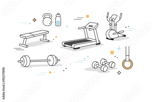 Gyms early morning emptiness. Abstract editorial composition of gym shapes?barbells, benches, cardio equipment?floating in soft muted layout with subtle