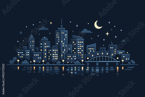 City night lights skyline. A calm editorial scene of a city skyline glowing at night, with softly lit windows and street lights. The atmosphere feels quiet,