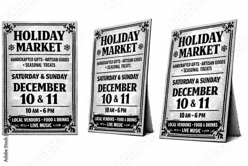 Holiday market flyer. A rectangular holiday market flyer with decorative borders and text blocks is shown from three different angles: straight-on view, angled