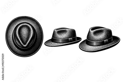 Halftone fashion hat icon A fashion hat icon shown in top view, side view, and three-quarter view emphasizing crown and brim shape. Black and white dot style