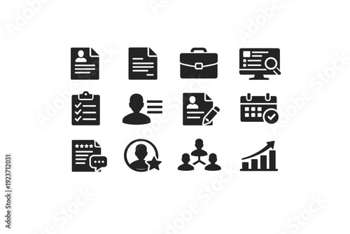 Career Development Tools. Solid icon set of career development tools: resume document, cover letter, portfolio folder, job board screen, skill checklist,