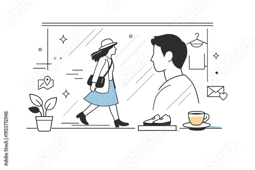 Reflections in shop windows as fleeting moments. A reflection catches a person mid-step or mid-glance, slightly distorted by glass and light. The scene