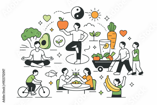 Food system visuals ? healthy nutrition ecosystem. Fruits, vegetables and simple human figures interacting, suggesting balance and well-being. Friendly,