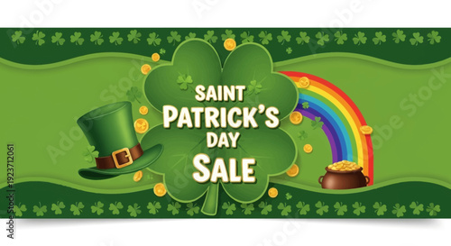Saint Patrick's Day sale banner with rainbow and shamrock decoration