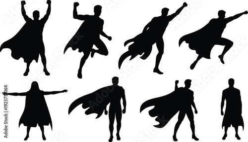Silhouette superheroes dynamic poses, flying action, heroic stance, capes flowing, strength power, comic style, pop culture, heroism, motion