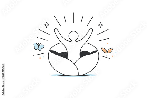 Rebirth symbolism concept. A minimalist figure emerging from a circular shape with soft rays around, symbolizing renewal and new beginnings. Calm