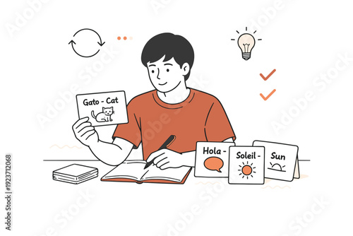 Cultural language learning vocabulary practice. A person reviewing flashcards or notes with words and simple illustrations, calm and focused posture. The
