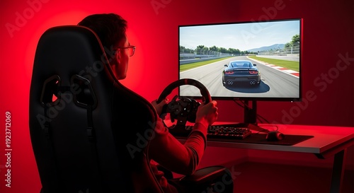 Man playing racing game with steering wheel and monitor 1