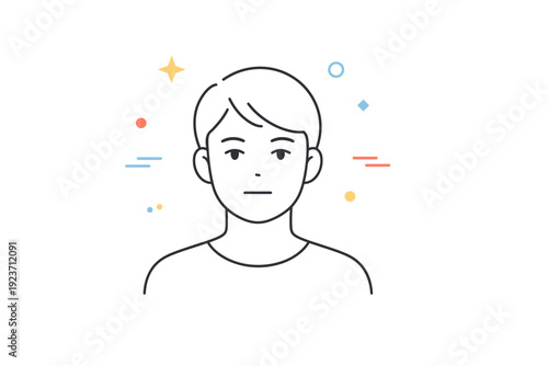 Emotional neutrality visuals. A calm face with a soft, unreadable expression, eyes relaxed and mouth in a neutral line. Balanced emotional state and