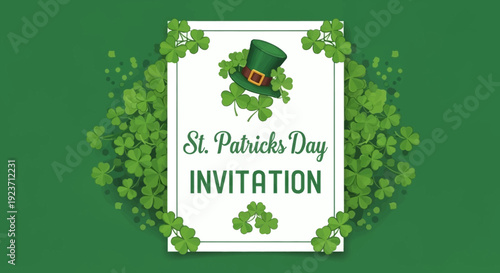 St. Patrick's Day invitation illustration featuring shamrocks, hat, and festive text on a green background viewed directly