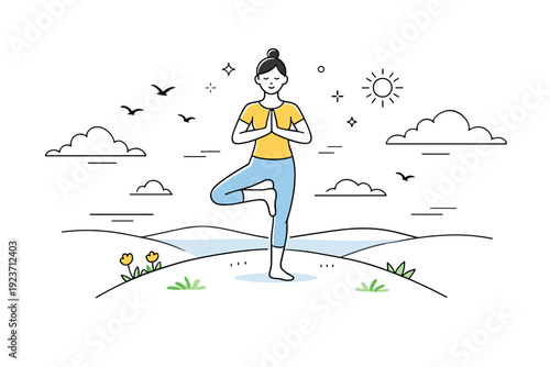 Spring equinox yoga outdoors ? Yoga on a hill with open sky. Person holding a stable standing pose, wide horizon, birds and soft clouds emphasizing freedom and