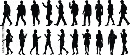 Silhouette business people walking, suits and dresses, diverse postures, waving gesture, professional attire, urban lifestyle, motion concept, corporate diversity