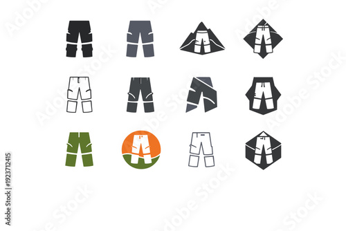 Clothing for travel and adventure (lightweight, multipurpose). Icon set. Set Logo of Clothing for travel and adventure (lightweight, multipurpose): packable